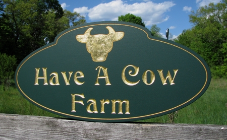 Custom farm sign made of PVC, carved and gold leafed